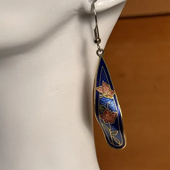 Vintage Cobalt Blue Cloisonné Drop Dangle Earrings Art Nouveau Style 2” - Picture 2 of 7
